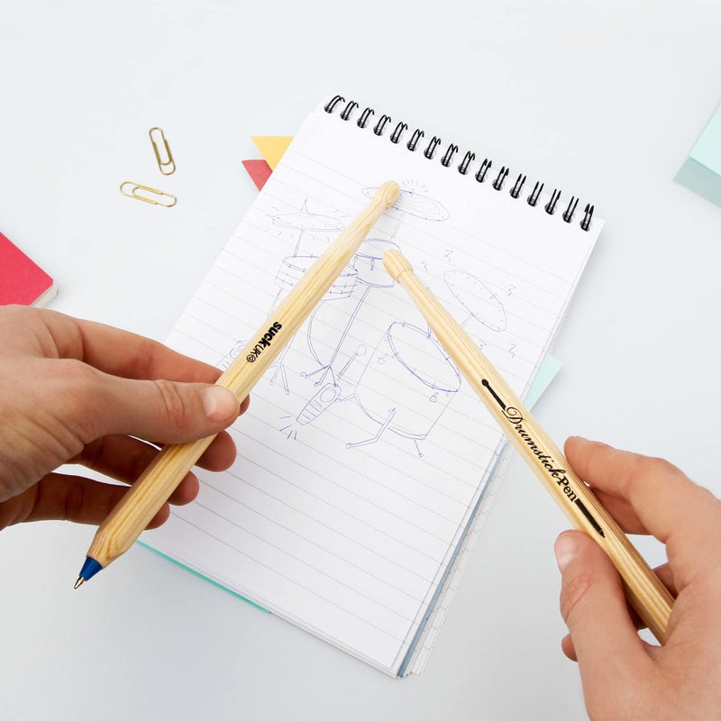 Suck UK Drumsticks Ballpoint Pens - Novelty Drummer Gifts for Men & Music Lovers - Wooden Drumstick Shaped Pen - Unique Office & School Stationery Supplies - Cool Drum Kit - Set of 2 Blue Pens - Image 3
